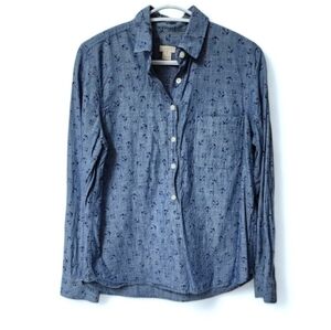 J Crew Henley Button Up Shirt Long Sleeve Chambray Anchor Nautical